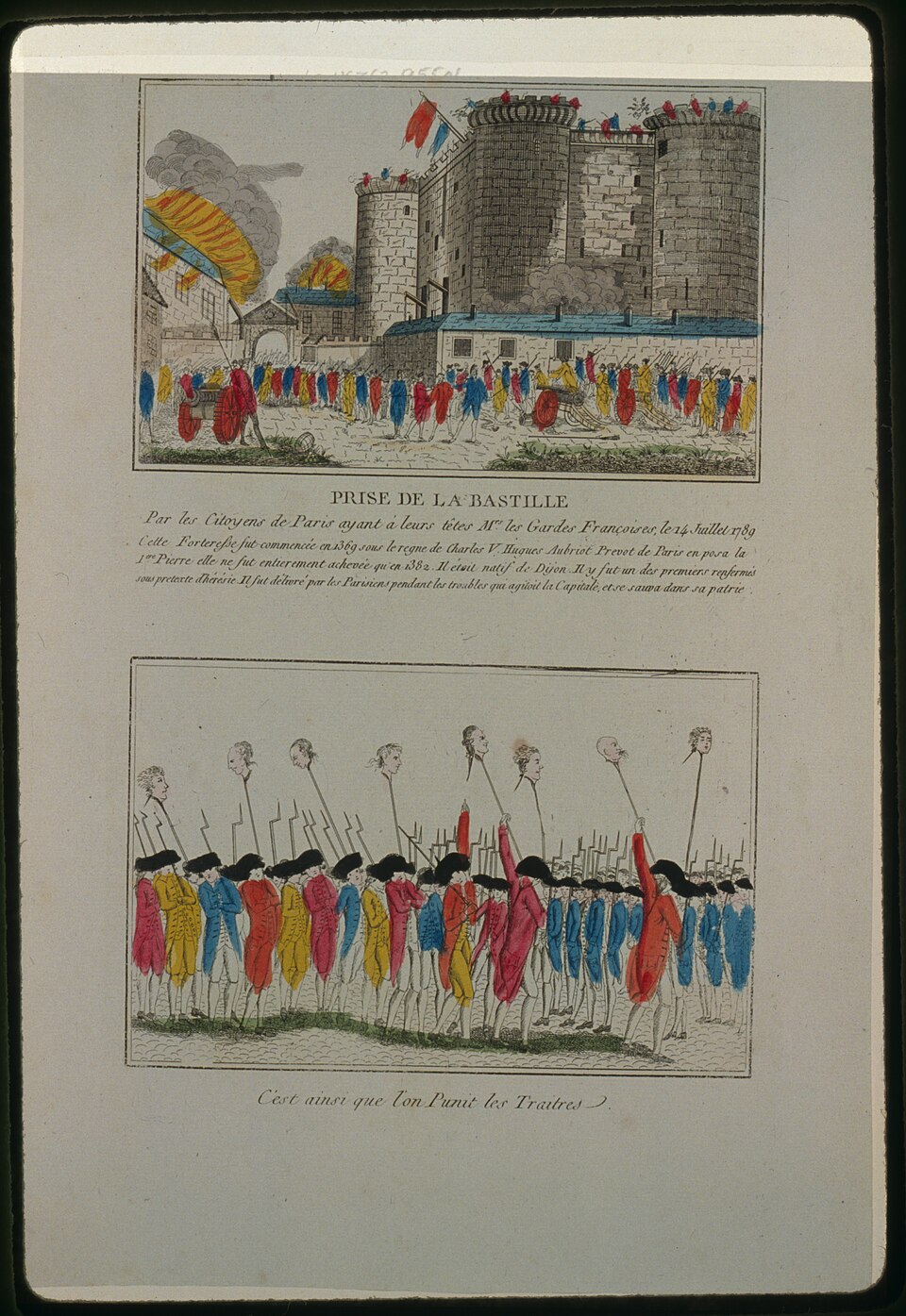 Hand-coloured 1789 print showing Parisians storming the Bastille during the French Revolution
