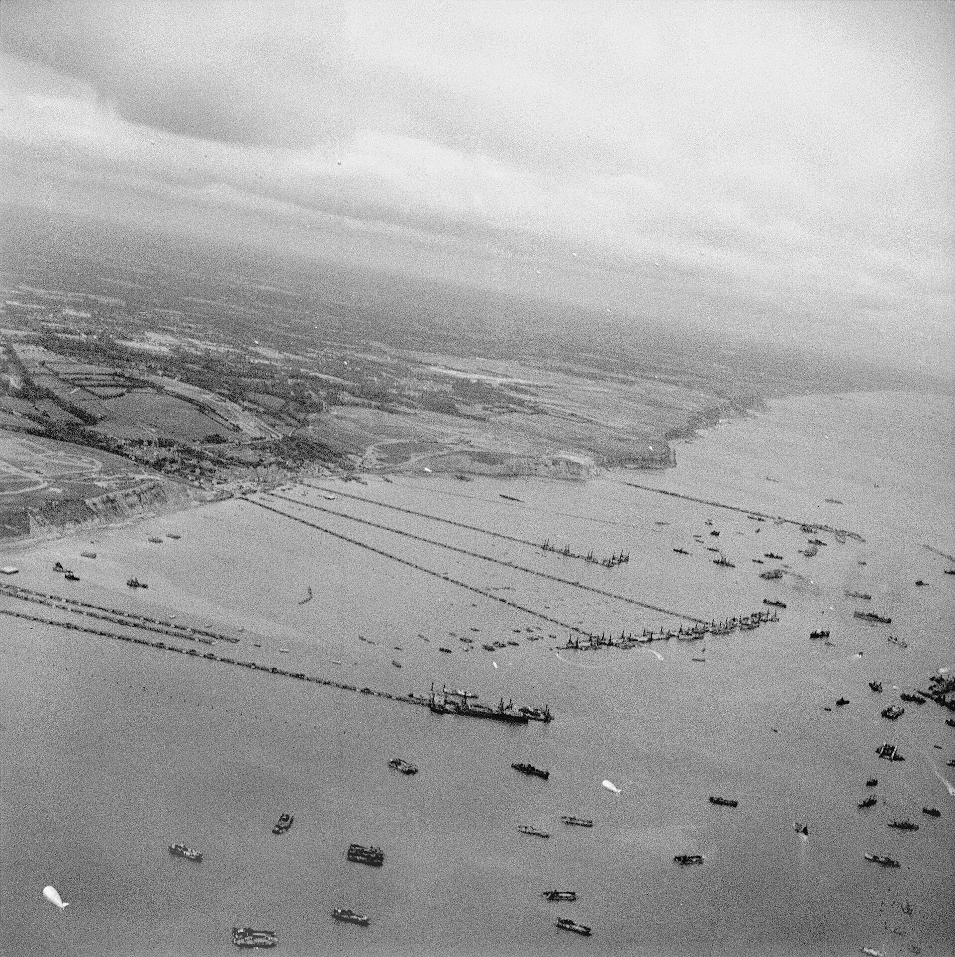 Mulberry artificial harbour off Arromanches in Normandy in 1944