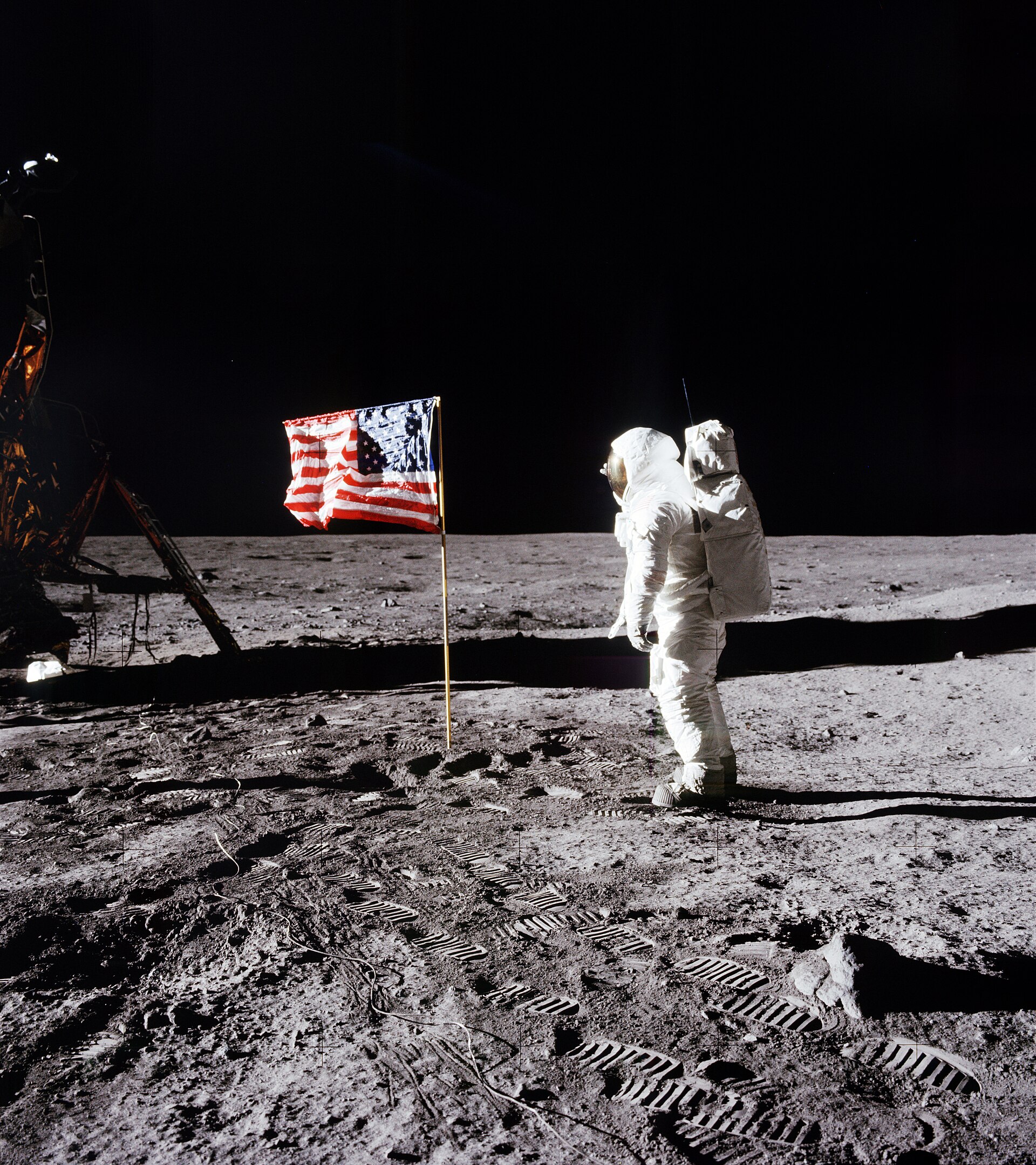 Apollo 11 astronaut Buzz Aldrin standing beside the United States flag on the Moon in July 1969