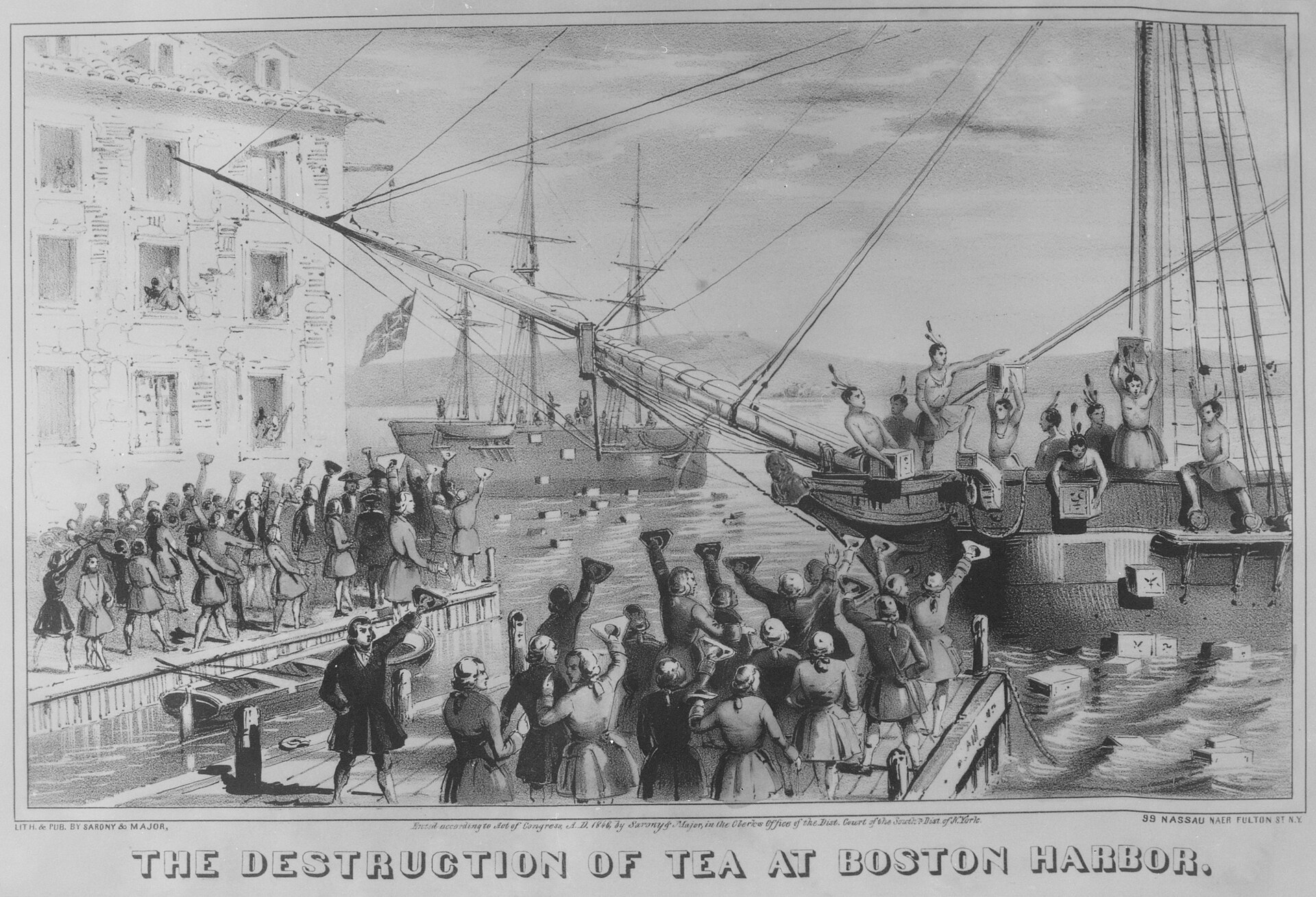 Historical lithograph depicting the destruction of tea in Boston Harbor during the Boston Tea Party