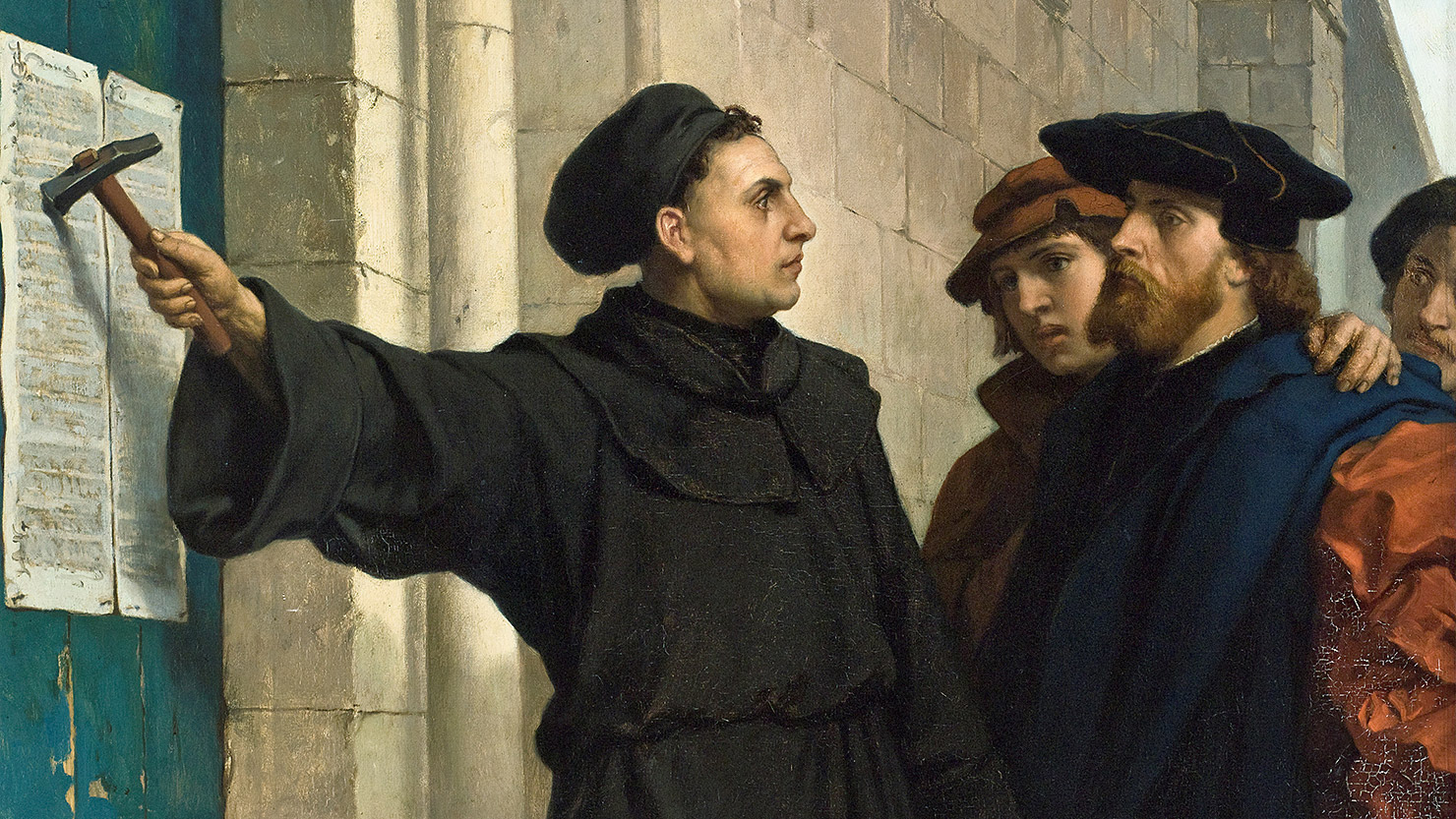 Painting depicting Martin Luther and the Ninety-five Theses at Wittenberg in 1517