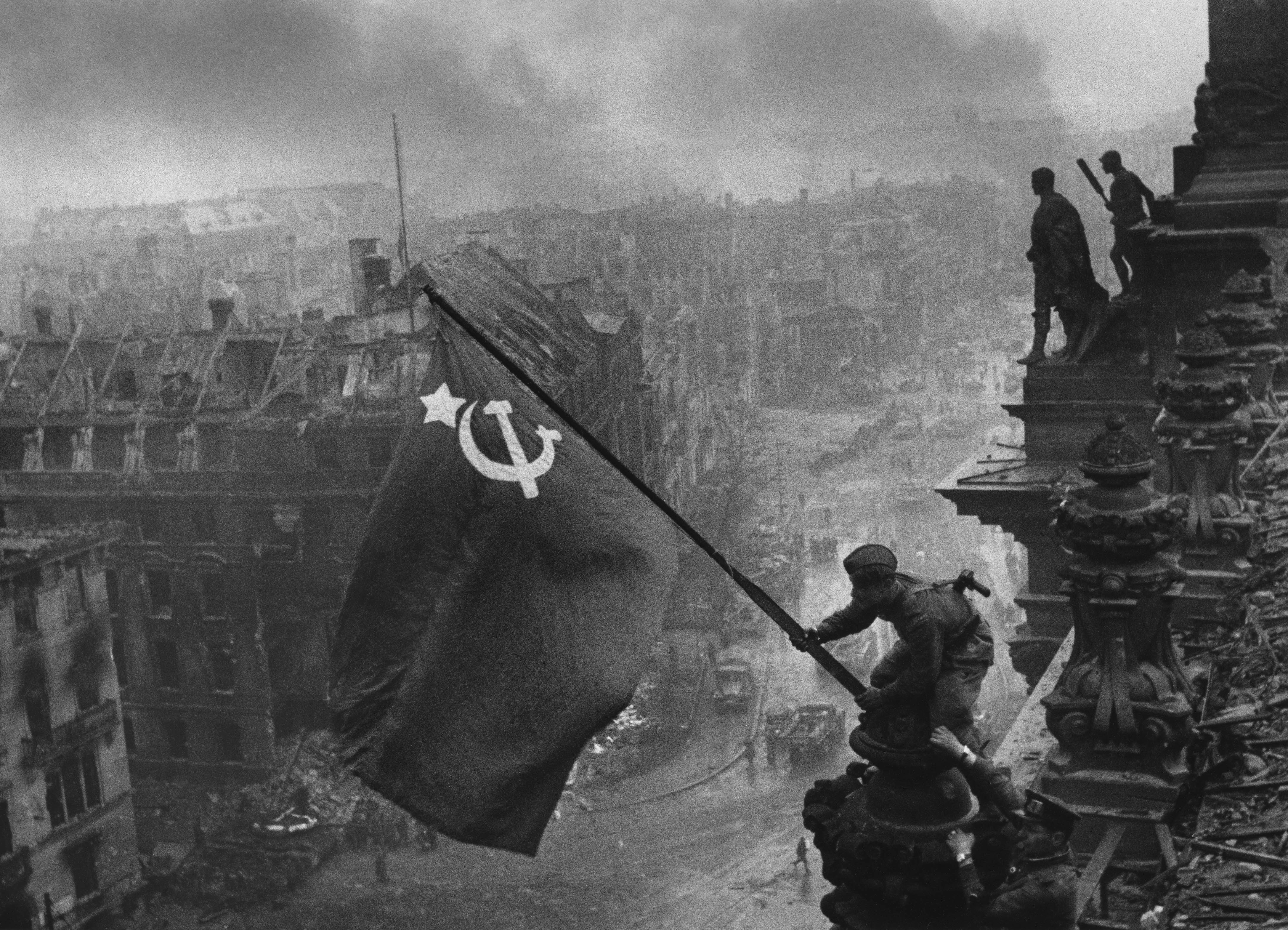 Soviet flag raised over the Reichstag during the Battle of Berlin