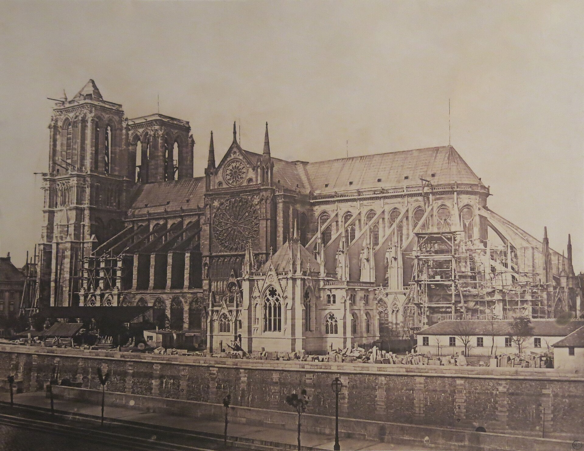 South side of Notre-Dame Cathedral in Paris during restoration works, circa 1850
