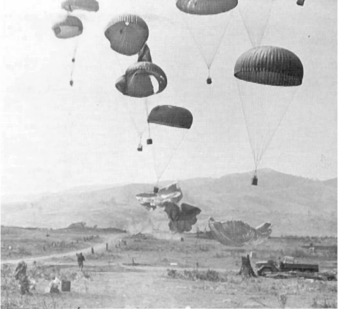 Parachuted supplies descending near Khe Sanh Combat Base during the Vietnam War in 1968