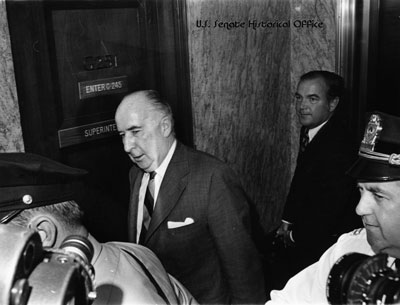 Former United States Attorney General John Mitchell arriving to testify before the Senate Watergate Committee in 1973
